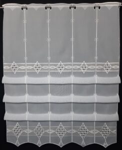 Raffrollo LIA weiß/beige 133 und 167 cm hoch Muster: Raute, Plauener Spitze